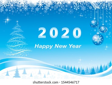 2020 Merry Christmas and Happy New Year. Christmas tree and balls on nature background decorated with snowflakes and  wavy pattern. Vector illustration