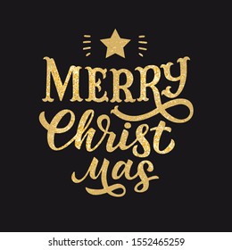 2020 Merry Christmas and Happy New Year.  Vector hand drawn gold lettering illustration with sparkles. Flat inscription handwritten font, text in italics brush. Quote for congratulations.