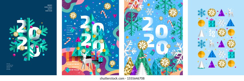 ¡2020! ¡Feliz Navidad y feliz año nuevo! Moderna ilustración geométrica abstracta de un árbol de Navidad, copo de nieve y juguetes para el afiche, pancarta, tarjeta, fondo o patrón de la fiesta
