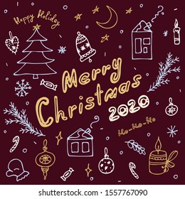 2020! Merry Christmas and a happy new year! Happy holiday! Set of christmas elements for cards, prints, designs and banners. New Year's elements of 2020 in trending shades.