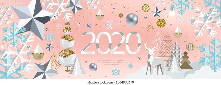 2020! Merry Christmas and a happy new year! Vector abstract background for banner, poster or greeting card. Illustrations of snowflake, Christmas tree toys, decoration, balls and deer.
