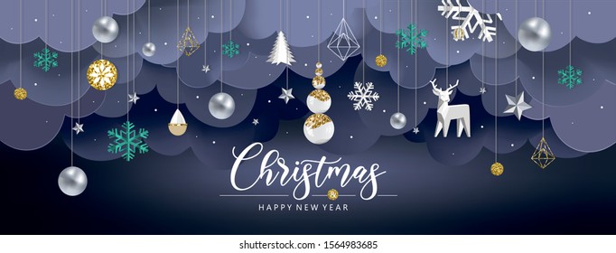 2020! Merry Christmas and a happy new year! Vector abstract background for banner, poster or greeting card. Illustrations of snowflake, Christmas tree toys, decoration, balls and deer.
