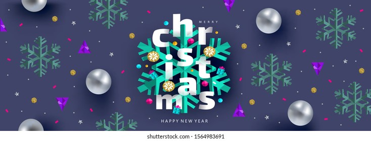 2020! Merry Christmas and a happy new year! Vector abstract background for banner, poster or greeting card. Illustrations of snowflake, Christmas tree toys, decoration and balls .
