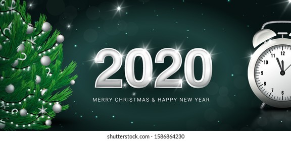 2020 Merry Christmas and Happy New Year. Holiday background Merry Christmas and Happy New Year with silver clock and Christmas tree on green background. Horizontal banner. Vector illustration