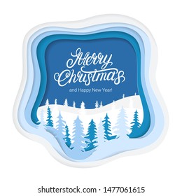 2020 Merry Christmas holiday greeting card on white background. Paper art. Lettering text, snow, snow, winter spruce in the forest. Paper cut blue color layers. Vector illustration.