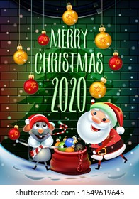 2020 Merry Christmas and New Year symbol. Santa Claus on a winter background with gifts, Christmas toys, star, candy, sweets and symbols of 2020 rat.Decoration poster card holiday background. Winter.