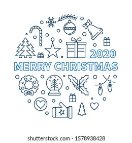 2020 Merry Christmas vector round creative illustration in thin line style. Greeting card concept