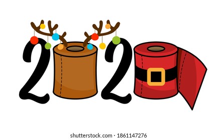 2020 Merry Quarantine Christmas - Cartoon doodle drawing toilet papers in Santa costume and with reindeer antlers. Text for self quarantine times. Xmas decoration. Lettering typography poster.