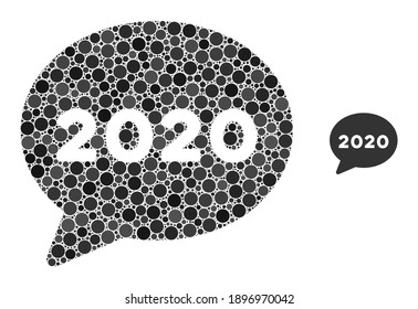 2020 message cloud composition of filled circles in variable sizes and color hues. Vector filled circles are united into 2020 message cloud mosaic. 2020 message cloud isolated on a white background.