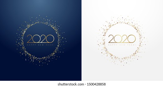 2020 in metal golden sparkling ring with dust glitter graphic on dark blue and white background. Happy New Year decorative glowing shiny design, award celebration. Abstract isolated graphic template