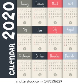 2020 Modern calendar template .Vector/illustration.