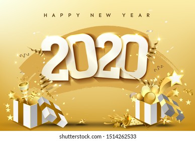 2020 modern font with golden Christmas stars on a gold background. Happy New Year card design. Vector illustration EPS 10 file.