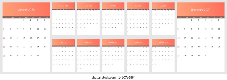 2020 monthly wall calendar. Vector simple design