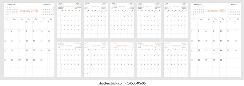 2020 monthly wall calendar. Vector simple design