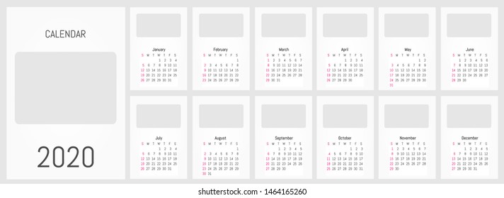 2020 monthly wall calendar. Vector simple design