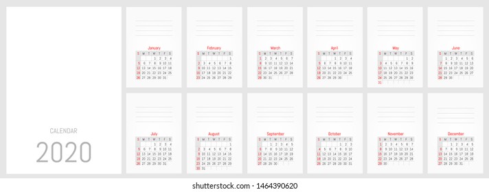 2020 monthly wall calendar. Vector simple design