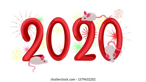 2020, mouse and firework isolated on white background. Vector graphics.