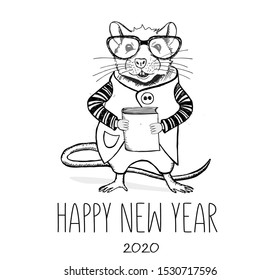 2020. Mouse hand drawn illustration. New Year card.