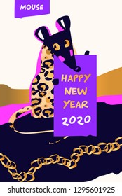 2020 Mouse Happy New Year template greeting postcard, banner, flyer. Set Mouse, Rat horoscope sign. Chinese lunar calendar, year of Rat 2020. Eighties style design with leopard pattern, gold chain. 