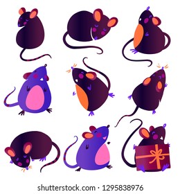 2020 Mouse Happy New Year template badge, insignia. Mouse, Rat horoscope sign. Chinese year of Rat 2020. Hand drawn vector illustration.