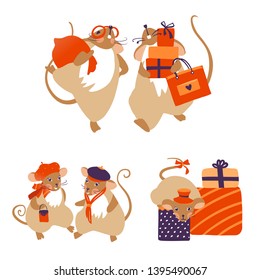 2020 Mouse Happy New Year template badge, insignia. Mouse, Rat horoscope sign. Chinese year of Rat 2020. Vector illustration.
