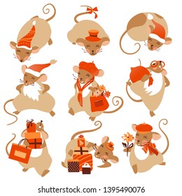 2020 Mouse Happy New Year template badge, insignia. Mouse, Rat horoscope sign. Chinese year of Rat 2020. Vector illustration.