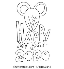 2020 Mouse Happy New Year template badge, insignia. Mouse, Rat horoscope sign. Chinese year of Rat 2020. Hand drawn vector illustration. - Vector