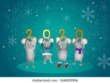 2020 Mouse Happy New Year template badge, insignia. Mouse, Rat horoscope sign. Chinese year of Rat 2020. Hand drawn vector illustration.