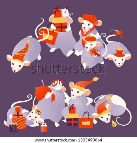 2020 Mouse Happy New Year template badge, insignia. Mouse, Rat horoscope sign. Chinese year of Rat 2020. Vector illustration.