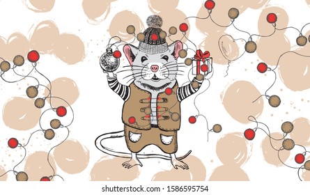 2020. Mouse vector. New Year card. Hand drawn illustration.