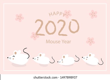 2020 mouse year, Japanese new year card design template. Hand drawn mouse illustrations
