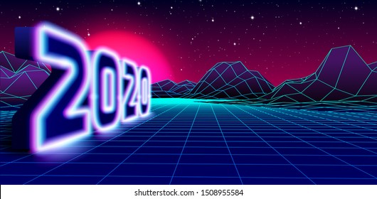 2020 neon sign for New Years Eve celebration with 80s styled arcade game grid landscape and purple sun