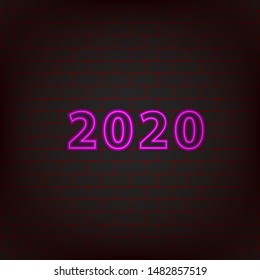 2020 neon sign of the pink outline glowing on the background of the brick wall, feature film character logo design