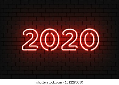 2020 Neon Text. 2020 New Year Design template. Light Banner. Vector Illustration. New 2020 Year sign in neon design on brick wall background. 