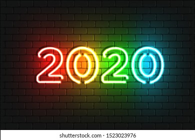 2020 Neon Text. 2020 New Year Design template. Colorful Light Banner. Vector Illustration. New 2020 Year sign in colorful neon design on brick wall background.