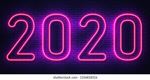 2020 neon text. Neon 2020 new year sign. Vector Illustration.