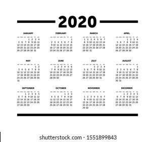 2020 new calendar. Calendar 2020 vector pocket basic grid. Simple design template
