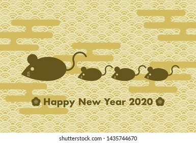 2020 New Year’s card. Year of the rat, Year of the mouse. Illustration of mice. Japanese traditional pattern.