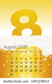 2020 New Desk Calendar August template beer with foam yellow background