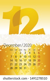 2020 New Desk Calendar December template beer with foam yellow background