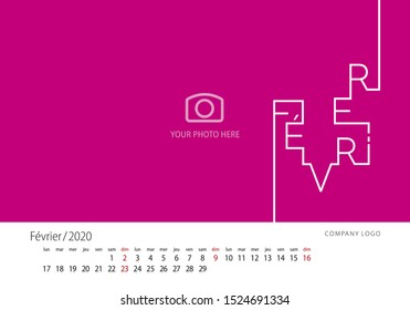 2020 New Desk Calendar French language February line design template pink background