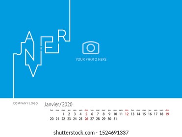 2020 New Desk Calendar French language January line design template blue background