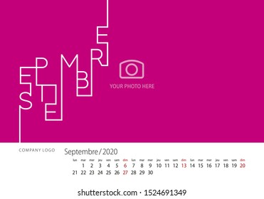 2020 New Desk Calendar French language September line design template pink background