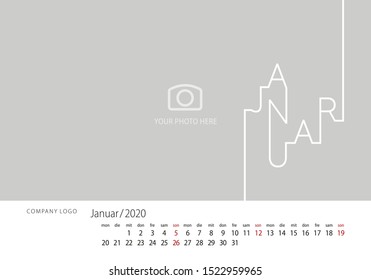 2020 New Desk Calendar German language January line design template grey background