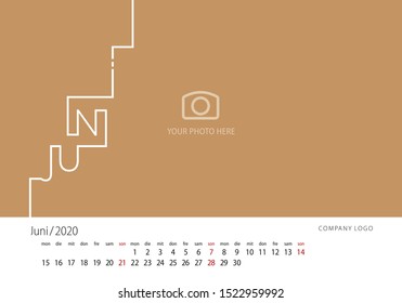 2020 New Desk Calendar German language June line design template sand background