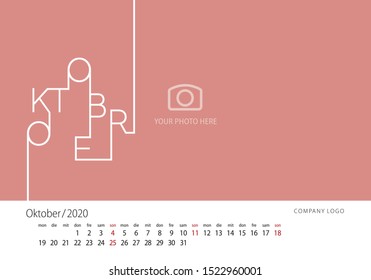 2020 New Desk Calendar German language October line design template soft pink background