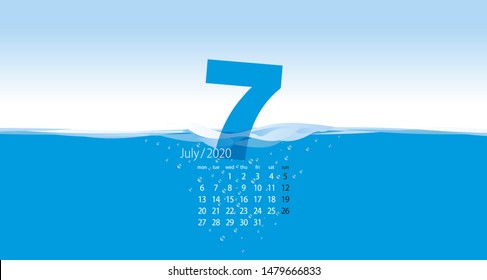 2020 New Desk Calendar July planner template wave water blue background