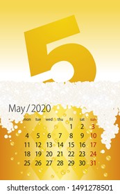 2020 New Desk Calendar May template beer with foam yellow background