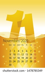 2020 New Desk Calendar month November template beer yellow background