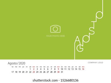 2020 New Desk Calendar Spanish language August line design template green background